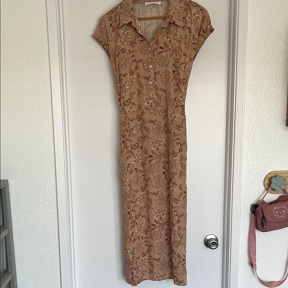 Lucky Brand Tan Polo Collar Cap Sleeve Midi Dress